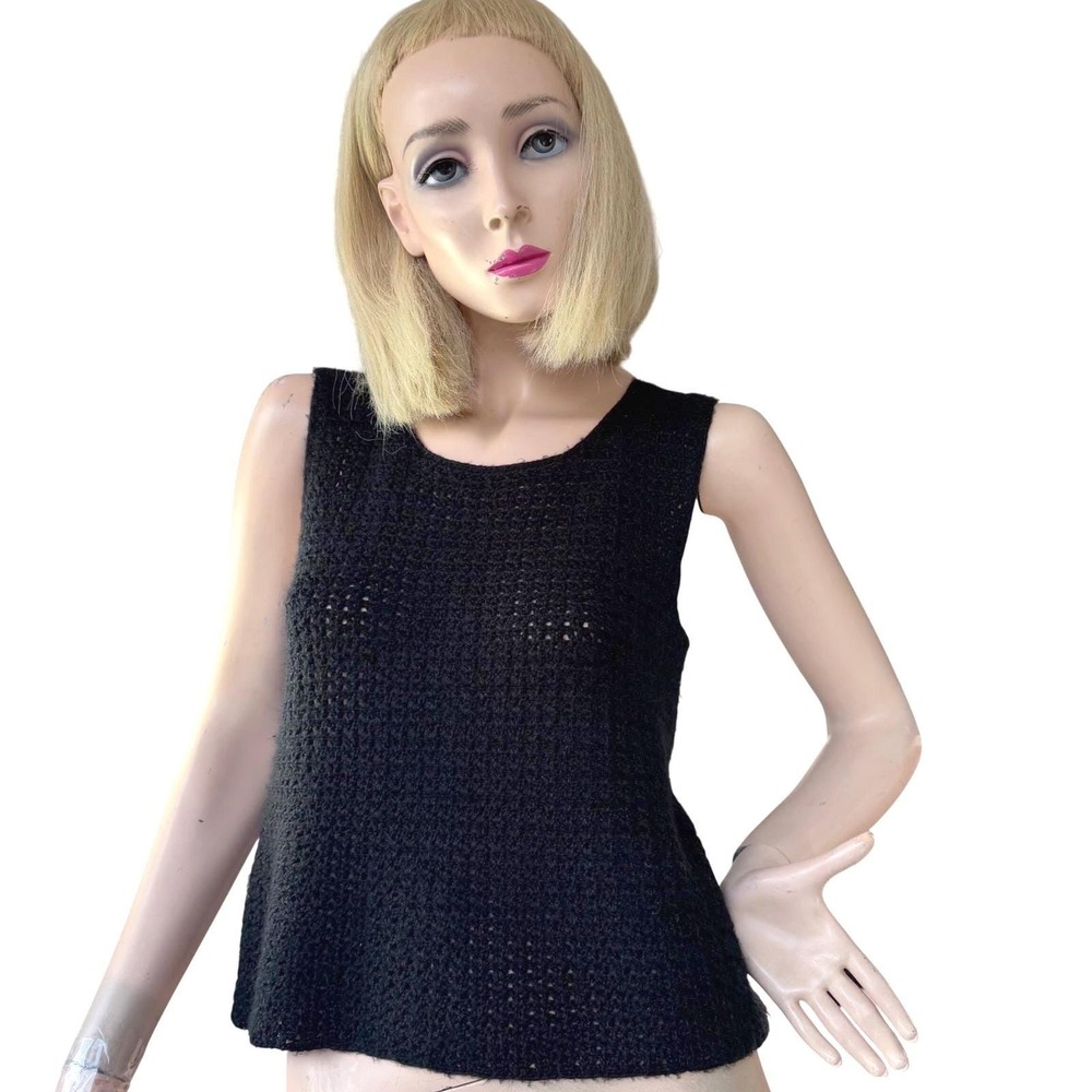 Vintage‎ handmade Black Crochet Top Sleeveless Roundneck Minimalist Boho 90's S